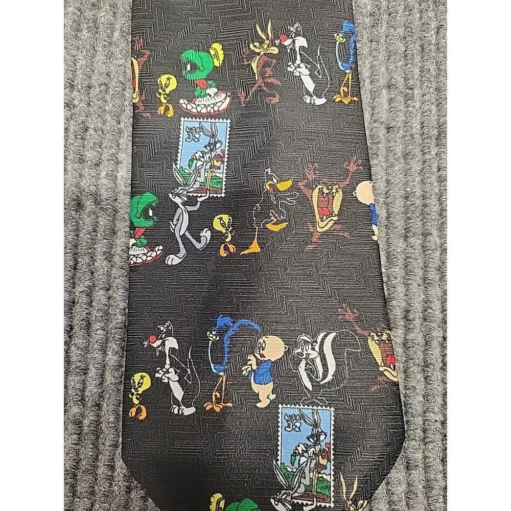 Vintage 1997 Looney Tunes Stamp Collection Silk Tie Black‎ Warner Bros USPS Mens